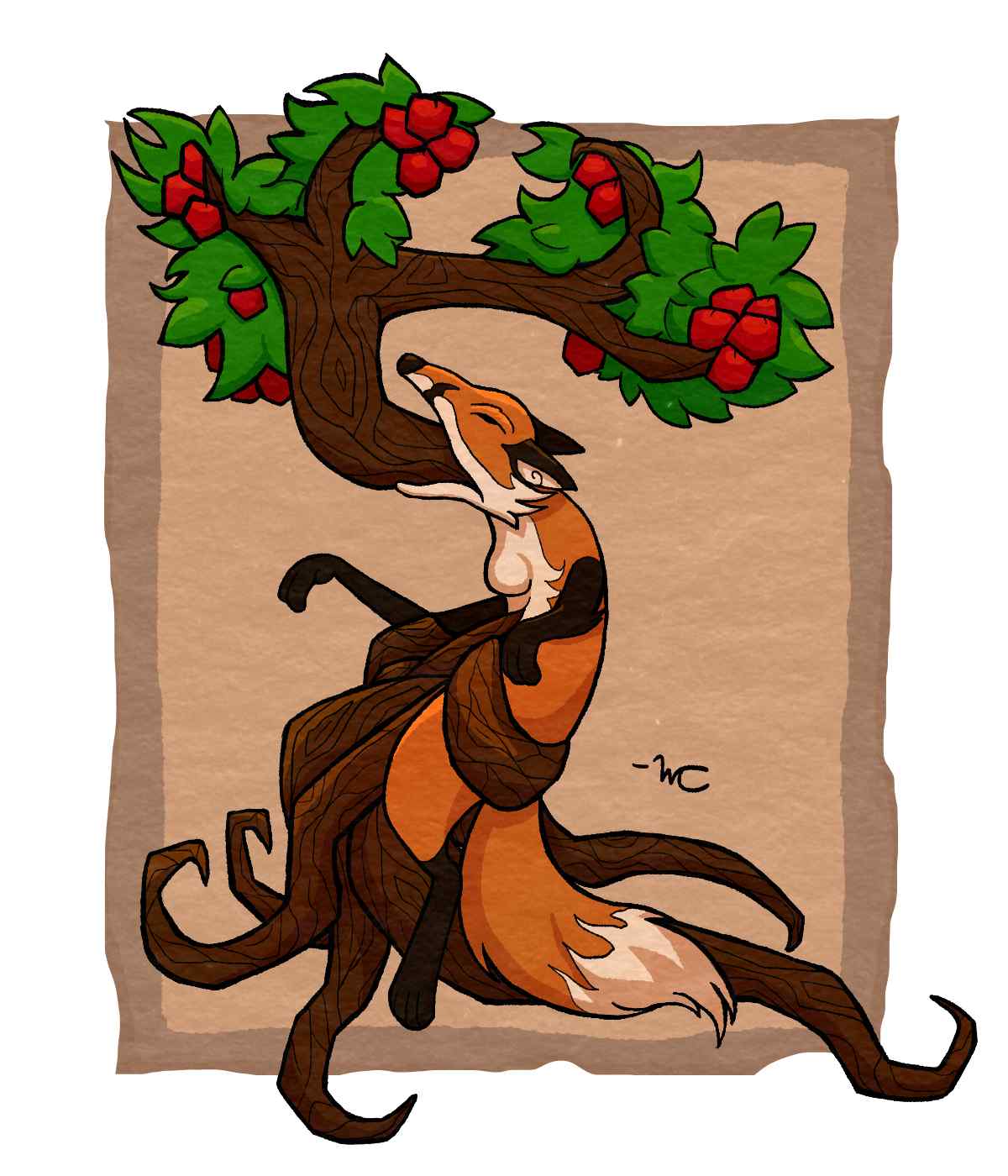 A digital paper-like drawing of a fox with an apple tree growing through its body, coming through its mouth. 